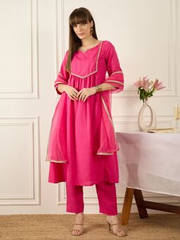 Indo Era - Pink A-Line Kurta with Pant & Dupatta