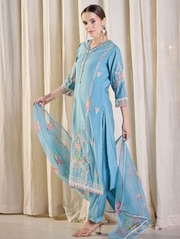 Indo Era - Blue Embroidered Straight Kurta With Pant & Dupatta