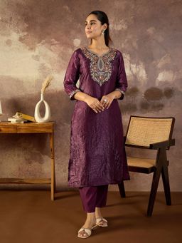 Indo Era - Burgundy Embroidered Straight Kurta with Pant