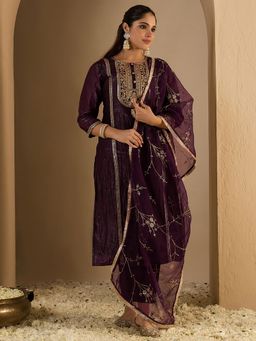 Indo Era - Wine Embroidered Straight Kurta With Pant & Dupatta