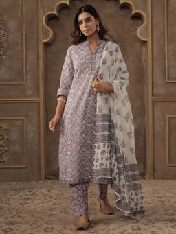 Indo Era - Purple Printed Straight Kurta With Pant & Dupatta