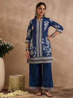 Indo Era - Blue Printed Straight Kurta With Palazzo