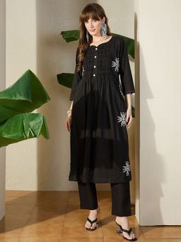 Indo Era - Black Embroidered A-Line Kurta with Pant