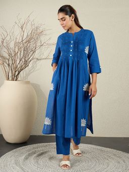 Indo Era - Blue Embroidered A-Line Kurta with Pant