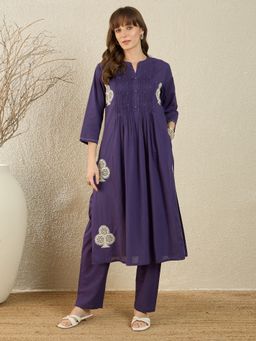 Indo Era - Purple Embroidered A-Line Kurta with Pant