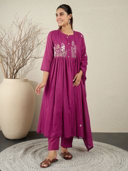 Indo Era - Magenta Embroidered Anarkali Kurta With Pant & Dupatta