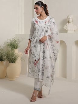 Indo Era - White Embroidered Straight Kurta With Pant & Dupatta