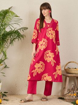 Indo Era - Pink Printed Straight Kurta with Pant