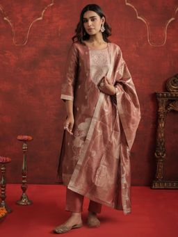 Indo Era - Rust Woven Design Straight Kurta With Pant & Dupatta