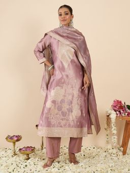 Indo Era - Lavender Woven Design Straight Kurta With Pant & Dupatta