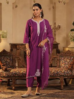 Indo Era - Purple Embroidered Straight Kurta With Pant & Dupatta