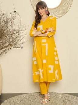 Indo Era - Yellow Printed A-Line Kurta with Pant