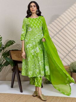 Indo Era - Green Printed A-Line Kurta With Pant & Dupatta