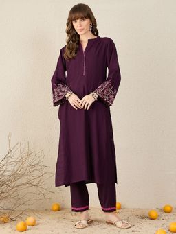 Indo Era - Wine Embroidered Straight Kurta with Pant