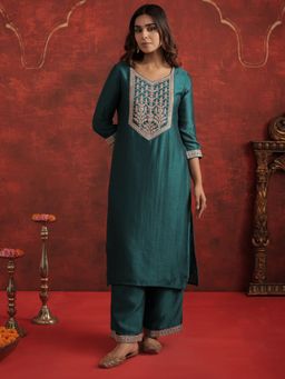 Indo Era - Teal Embroidered Straight Kurta with Pant