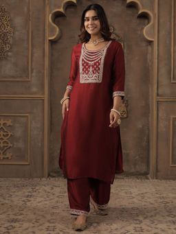 Indo Era - Maroon Embroidered Straight Kurta with Pant
