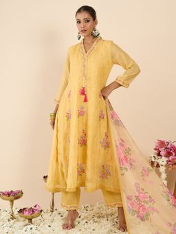 Indo Era - Yellow Embroidered Anarkali Kurta With Pant & Dupatta