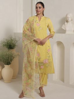 Indo Era - Yellow Embroidered Straight Kurta With Pant & Dupatta