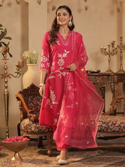 Indo Era - Pink Embroidered Straight Kurta With Pant & Dupatta