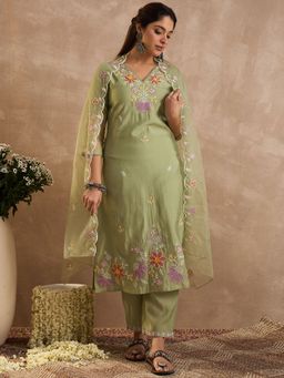 Indo Era - Green Embroidered Straight Kurta With Pant & Dupatta