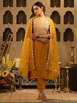 Indo Era - Mustard Embroidered Straight Kurta With Pant & Dupatta