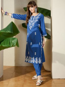 Indo Era - Blue Embroidered Straight Kurta with Pant