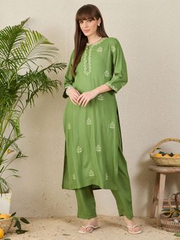 Indo Era - Green Embroidered Straight Kurta with Pant