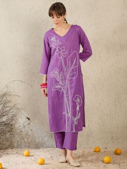 Indo Era - Purple Embroidered Straight Kurta with Pant