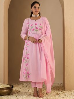 Indo Era - Pink Embroidered A-Line Kurta With Pant & Dupatta