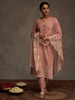 Indo Era - Pink Embroidered Straight Kurta With Pant & Dupatta