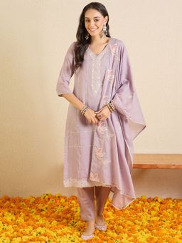 Indo Era - Lavender Embroidered Straight Kurta With Pant & Dupatta