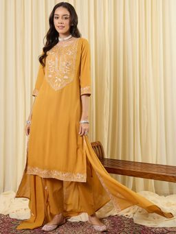 Indo Era - Mustard Embroidered Straight Kurta With Pant & Dupatta