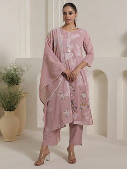 Indo Era - Pink Embroidered Straight Kurta With Pant & Dupatta