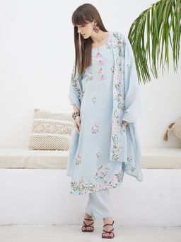 Indo Era - Blue Embroidered Straight Kurta With Pant & Dupatta