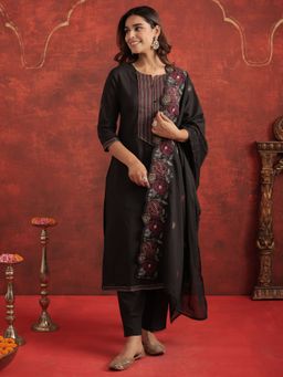 Indo Era - Black Embroidered Straight Kurta With Pant & Dupatta