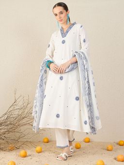 Indo Era - White Embroidered A-Line Kurta With Pant & Dupatta