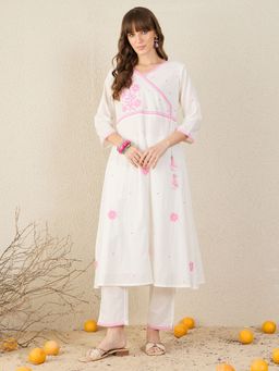 Indo Era - White Embroidered A-Line Kurta with Pant