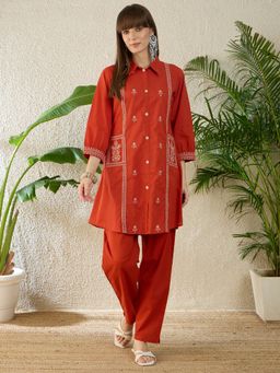 Indo Era - Orange Embroidered A-Line Kurta with Pant
