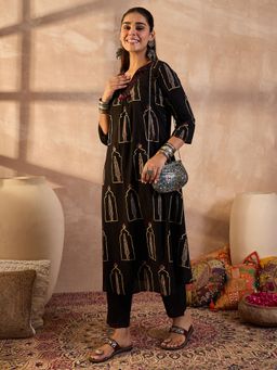 Indo Era - Black Printed A-Line Kurta with Pant