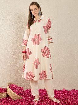 Indo Era - White Printed A-Line Kurta With Pant