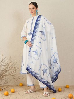 Indo Era - White Embroidered Straight Kurta With Pant & Dupatta