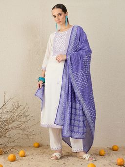 Indo Era - Purple Embroidered Straight Kurta With Pant & Dupatta