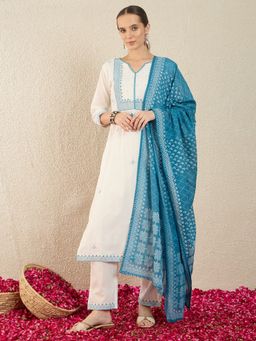 Indo Era - Blue Embroidered Straight Kurta With Pant & Dupatta