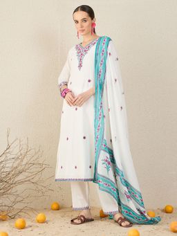 Indo Era - White Embroidered Straight Kurta With Pant & Dupatta