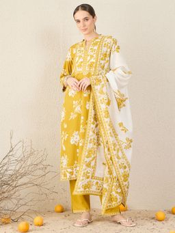 Indo Era - Yellow Printed Straight Kurta With Pant & Dupatta