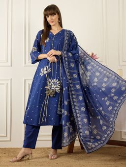 Indo Era - Blue Printed A-Line Kurta With Pant & Dupatta