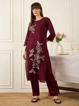 Indo Era - Burgundy Printed Straight Kurta with Pant