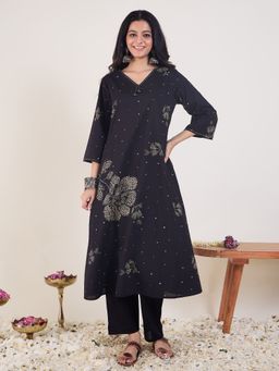 Indo Era - Black Printed A-Line Kurta with Pant