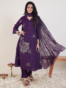 Indo Era - Purple Printed Straight Kurta With Pant & Dupatta