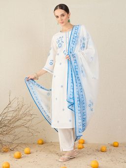 Indo Era - Blue Straight Kurta With Pant & Dupatta
